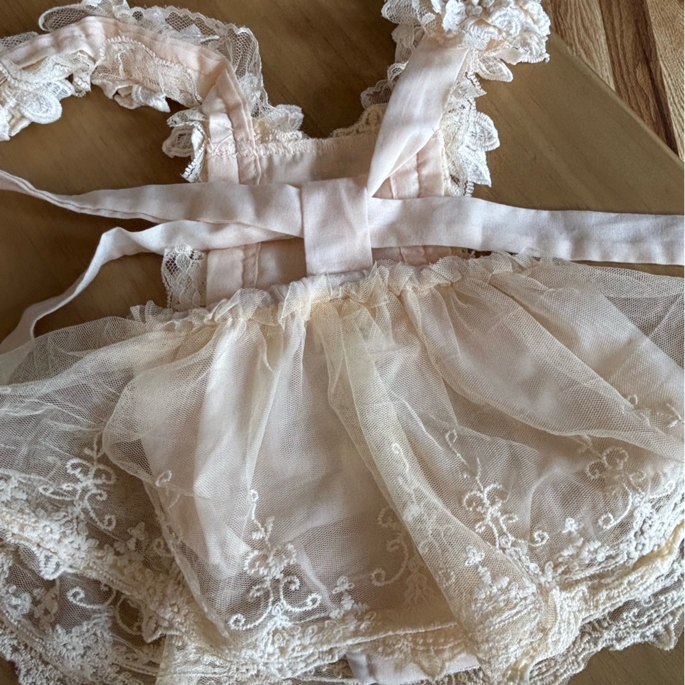 Newborn Photography Ivory Floral Lace Baby Dress with Headband - Picture 2 of 4